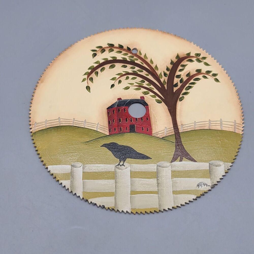 Hand Painted 7” Saw Blade Country Building Crow Tree Scene Signed
